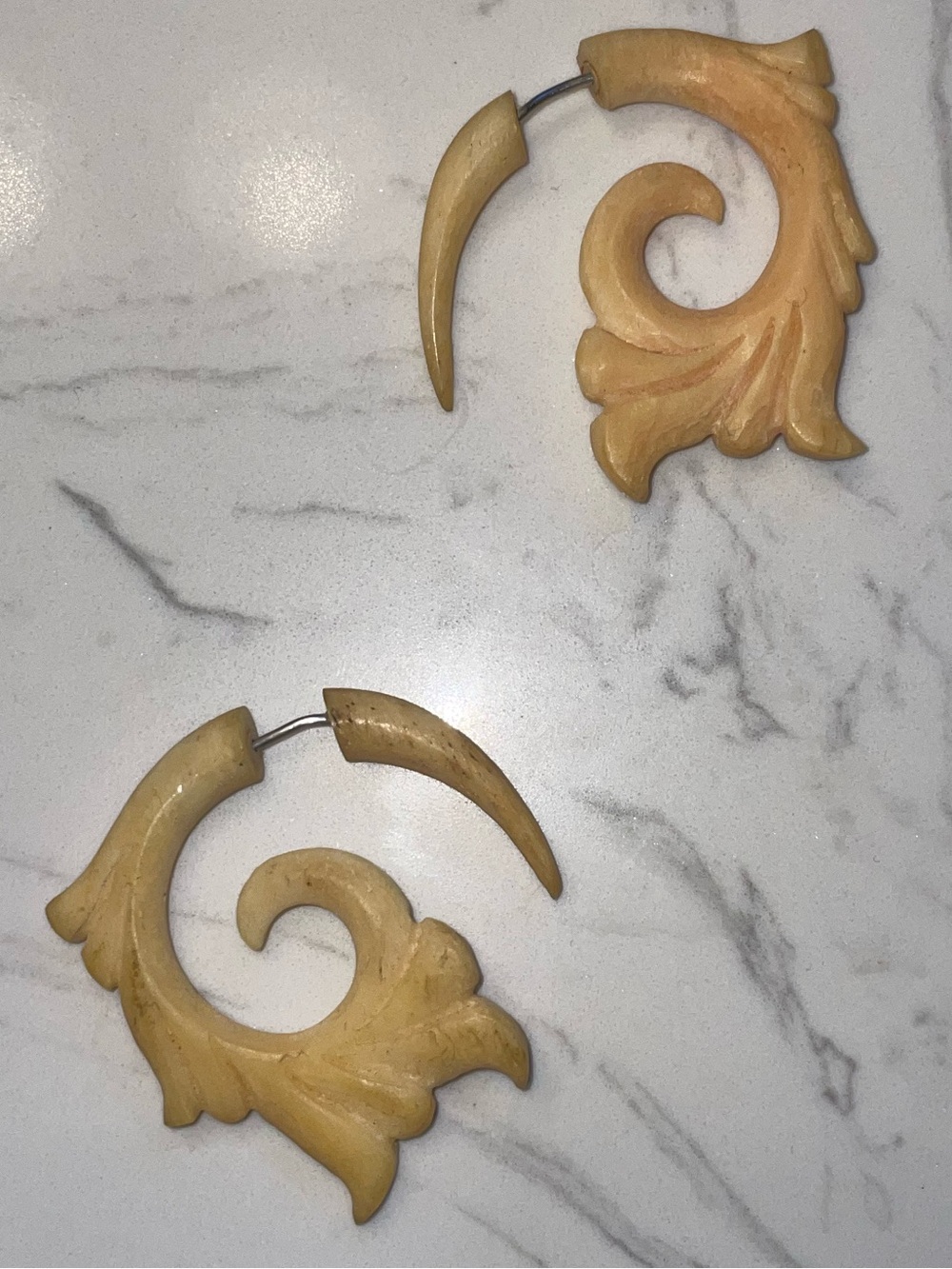 Tribal Hand-Carved Swirl Hoop Earrings - Honey Tan fake gauges